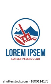 Un logo simple de dos colores que representa una horquilla en el suelo con montañas en el fondo, posible dirigido a las industrias agrícolas