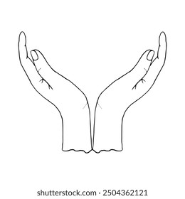 Simple dos manos que sostienen la Plantilla del gesto Ilustración vectorial en blanco y negro para la esperanza, la caridad y los conceptos de la paz, cosméticos y diseños del cuidado de la piel. Boceto de tinta