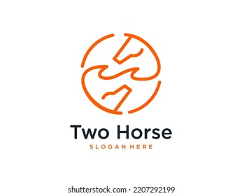 simple two horse head line art logo design