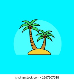 Simple ilustración vectorial de dos palmeras aisladas en fondo azul. Icono de estilo de color lineal del árbol de coco
