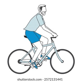 A simple two-color illustration of an elderly man riding a bicycle in sportswear on a white background