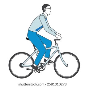 A simple two-color illustration of a male businessman riding a bicycle on a commuter scene on a white background