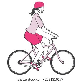 A simple two-color illustration of a woman wearing a helmet riding a bicycle in sportswear on a white background