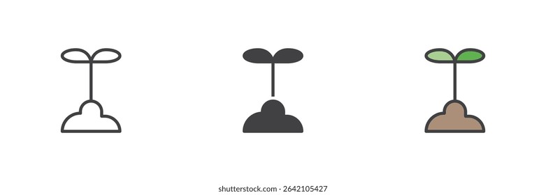 Simple two-leaf sprouting icon in line, solid and filled outline style. Vector plant icon pack. Nature-themed symbol representing fresh growth and eco concepts.