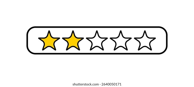 A simple two-star rating icon with two filled yellow stars and three empty stars within a rounded black border, for reviews or feedback.