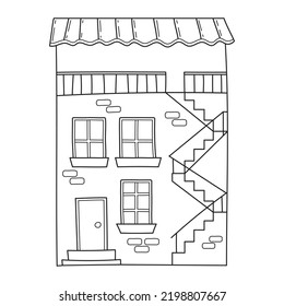 Sencilla casa de dos plantas con paredes de ladrillo y escaleras en estilo de doodle de esbozo. Ilustración del vector blanco y negro dibujada a mano aislada en fondo blanco