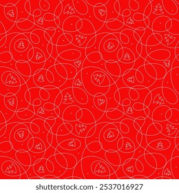 Simple two-tone Christmas background. Drawing with thin white lines, curves on a red background. Christmas trees, swirls, loops in doodle style. Seamless vector pattern for fabrics, wallpapers, wrap.