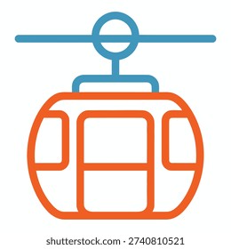 A simple, two-tone graphic illustration of a cable car or gondola, featuring orange outlines for the cabin and a blue support structure above.