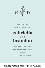 Simple typographical style wedding invitation in pastel blue and gray. Modern and stylish 5x7 inches greeting card, save the date, postcard, flyer design.