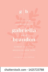 Simple typographical style wedding invitation in pastel pink and white with decorative botanical silhouette in the background. Modern and stylish 5x7 inches greeting card, save the date, postcard.