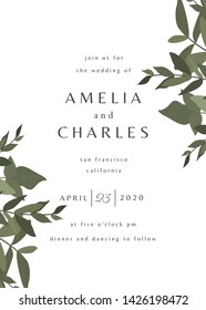 Simple typographical style wedding invitation in white and gray with decorative greenery elements. Modern and stylish 5x7 inches greeting card, save the date, postcard, flyer design.