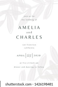 Simple typographical style wedding invitation in white and gray with decorative botanical elements. Modern and stylish 5x7 inches greeting card, save the date, postcard, flyer design.
