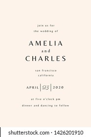 Simple typographical style wedding invitation in gray and cream. Modern and stylish 5x7 inches greeting card, save the date, postcard, flyer design.