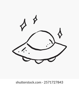 Simple UFO doodle with stars. Black and white sketch of a flying saucer, isolated vector. Minimalist UFO illustration with sparkling stars. Simple black line art doodle vector.