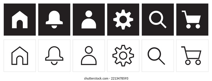 Simple UI and app icons. Black and white pictograms. 