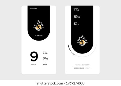 Simple UI design and mobile device interface GUI, accompanied by an greenhouse effect icon on a black background.