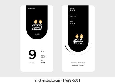 Simple UI design and mobile device interface GUI, accompanied by an deforestation icon on a black background.