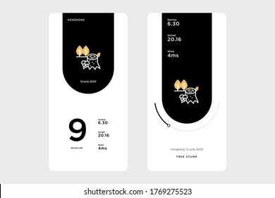 Simple UI design and mobile device interface GUI, accompanied by an tree stump icon on a black background.