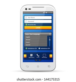 Simple UI Elements Blue Yellow. White Smartphone 480x800. Login Form, Button, Switchers, Radio Button, Slider, Drop-Down Box, Search, Icons. Web Design Elements. Software. Vector User Interface EPS10
