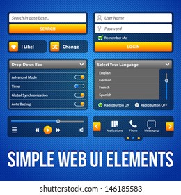 Simple UI Elements Blue Yellow. White Smartphone 480x800. Login Form, Button, Switchers, Radio Button, Slider, Drop-Down Box, Search, Icons. Web Design Elements. Software. Vector User Interface EPS10 