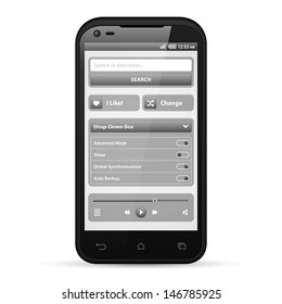 Simple UI Elements Grayscale. White Smartphone 480x800. Audio, Player, Button, Switchers, Progress Bar, Drop-Down Box, Search, Icons. Web Design Elements. Software. Vector User Interface EPS10 