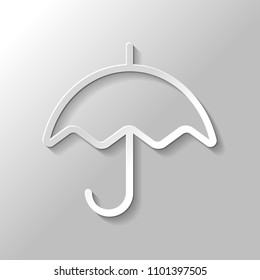 Simple umbrella icon. Linear, thin outline. Paper style with shadow on gray background