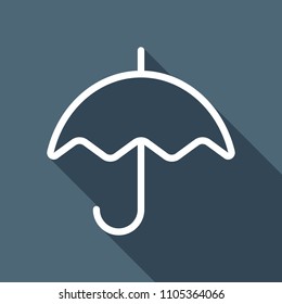 Simple umbrella icon. Linear, thin outline. White flat icon with long shadow on background