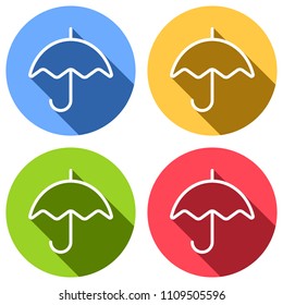 Simple umbrella icon. Linear, thin outline. Set of white icons with long shadow on blue, orange, green and red colored circles. Sticker style