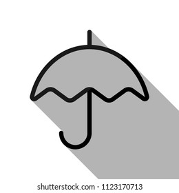 Simple umbrella icon. Linear, thin outline. Black object with long shadow on white background