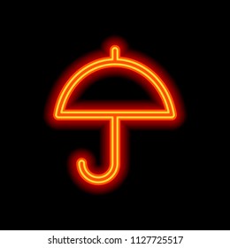Simple umbrella icon. Linear, thin outline. Orange neon style on black background. Light icon