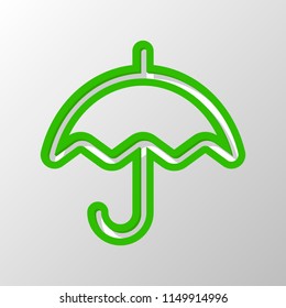 Simple umbrella icon. Linear, thin outline. Paper style. Cut symbol with green bold contour on shape and simple shadow
