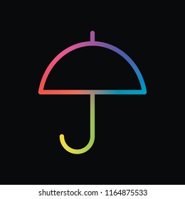 Simple umbrella icon. Linear, thin outline. Rainbow color and dark background