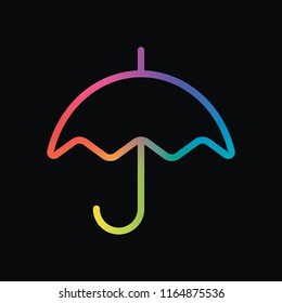 Simple umbrella icon. Linear, thin outline. Rainbow color and dark background