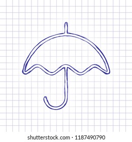 Simple umbrella icon. Linear, thin outline. Hand drawn picture on paper sheet. Blue ink, outline sketch style. Doodle on checkered background