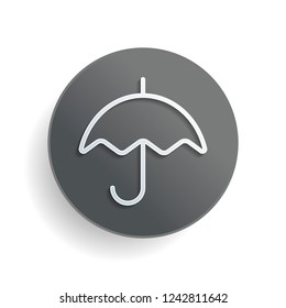Simple umbrella icon. Linear, thin outline. White paper symbol on gray round button or badge with shadow