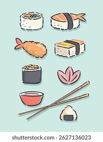 Simple and uncluttered style illustration of sushi pieces.