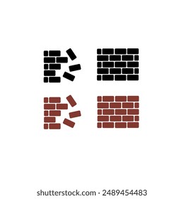 simple under construction icon, vector flat design unsafe building break down brick wall with falling bricks broken. simple square strong brick wall pieces icon, building structure pattern flat vector