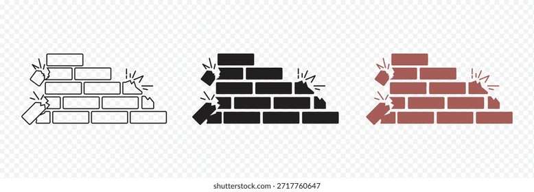 simple under construction icon, vector flat design unsafe building break down brick wall with falling bricks broken. simple square strong brick wall pieces icon, building structure pattern flat vector. Black and brown color set.