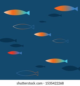 Simple under the sea vector with fish on navy, cartoon abstract illustration background in flat design