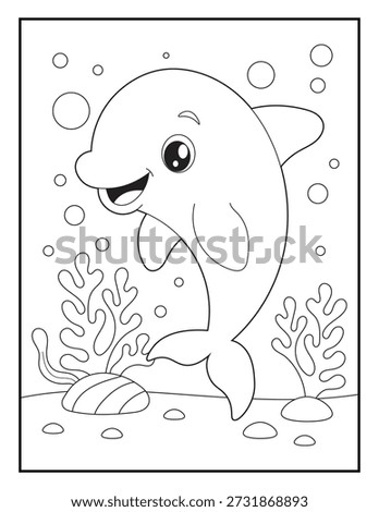 Simple Underwater Dolphin Coloring Sheet for Kids. Playful Sea Creature Illustration for Preschool Nature and Science.
