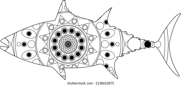 Einfache, einzigartige Fische Albacore Thunfisch Mandala Linie Art Logo Tattoo Kubismus Surrealismus Stil, kreative Muster Dekoration Beliebte Kunstwerke für Weltnaturtag