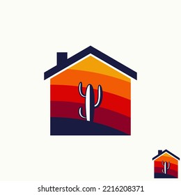 Simple and unique cactus desert on middle house home like paint wall image graphic icon logo design abstract concept vector stock. Can be used as symbol related to botany or property