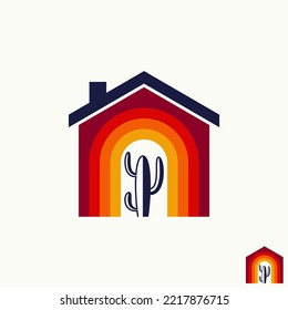 Simple and unique cactus desert on front or middle house home or door like rainbow image graphic icon logo design abstract concept vector stock. Can be used as symbol related to botany or property