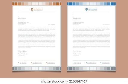Simple unique company modern elegant professional letterhead design with blue and orange color shape. New abstract minimal clean creative corporate real estate business letterhead template. 