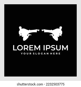  Simple and unique flat logo design karate.Two people fighting-Martial arts silhouette logo vector illustration. Foreign word below the object means KARATE.