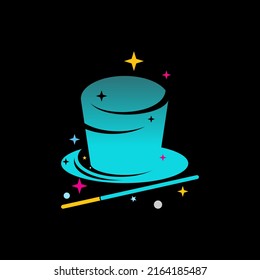 Simple and unique hat and magic wand with many stars image graphic icon logo design abstract concept vector stock. Can be used as a symbol related to entertainment or player profession