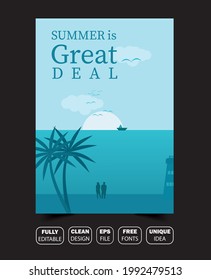 Simple and unique idea summer greeting card flyer brochure design, business promotion poster design, light blue color vector illustration.