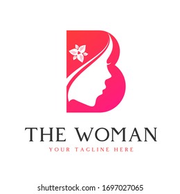 Simple and unique letter or word B sans serif font with woman side face image graphic icon logo design abstract concept vector stock. Can be used as a symbol related to beauty or initial
