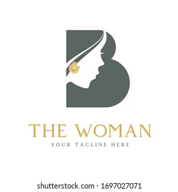 Simple and unique letter or word B sans serif font with woman side face image graphic icon logo design abstract concept vector stock. Can be used as a symbol related to beauty or initial