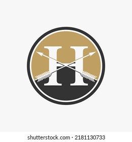Simple and unique letter or word H serif font with 2 arrows on circle block image graphic icon logo design abstract concept vector stock. Can be used as symbol related to classic or initial